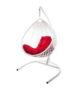 Подвесное кресло КАПЛЯ ЛЮКС с ротангом белое, красная подушка